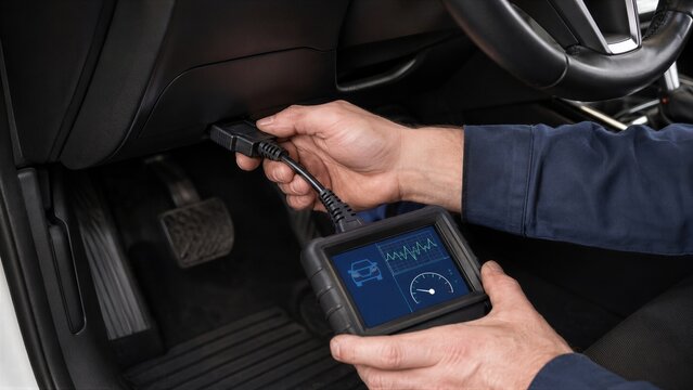 Mechanic plugging diagnostic scanner into obd port under car dashboard. Hands of man holding electronic diagnostic tool with screen showing car data. Computer diagnostics and repair of vehicle