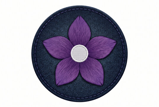Purple flower embroidered patch with a white center on a circular dark blue denim background. Simple floral applique design for apparel decoration.