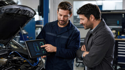 Fototapeta premium Mechanic showing car computer diagnostic results on tablet to client in auto repair shop. Vehicle engine inspection with digital technology. Professional automotive service and maintenance concept.