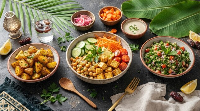 Healthy vegan bowl with chickpeas, tofu, fresh vegetables, and a side of roasted potatoes and tabbouleh salad, arranged on a dark rustic table with tropical leaves and dates world vegan day