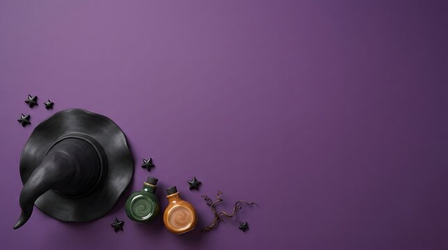 A festive halloween background featuring a black witch hat and colorful potion bottles on a vibrant purple flat lay surface
