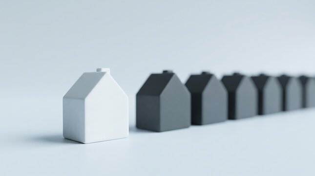 White house model standing out from a row of black houses, real estate leadership concept.