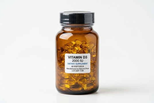 Vitamin D3 2000 IU Dietary Supplement Softgels in Brown Glass Bottle Isolated on White Background