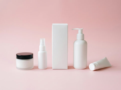 Set of blank cosmetic containers including a jar, spray bottle, tall box, pump bottle, and tube on a soft pink background