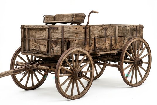 Vintage Old Wooden Wagon Isolated on White Background. Rustic Antique Horse-Drawn Carriage for Farm and Western Themes.