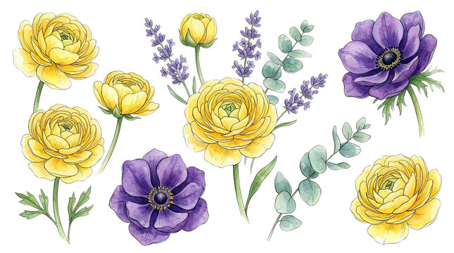 Bright Yellow and Purple Flowers Arrangement Watercolor