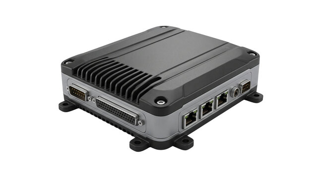 Industrial embedded computer with rugged metal chassis, fanless mini PC for edge computing, IoT gateway device with ethernet ports