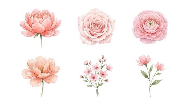 Delicate Pink Flowers Set Watercolor Peonies Roses and Blossoms