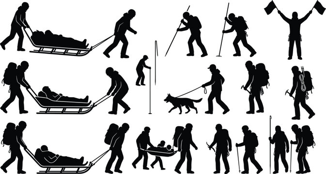 Mountain Rescue Silhouettes Set of Search and Rescue Teams Evacuating Injured Climbers in Winter