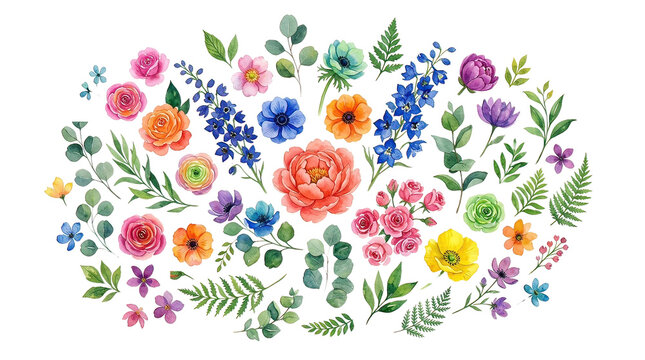 Colorful Watercolor Garden Flowers Composition