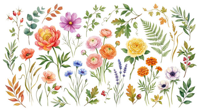 Vibrant Colored Flowers Wild Arrangement Watercolor Botanical