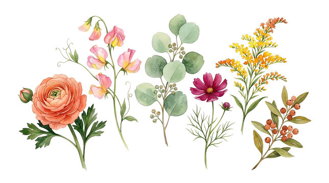 Colorful Watercolor Flowers Arrangement in Row