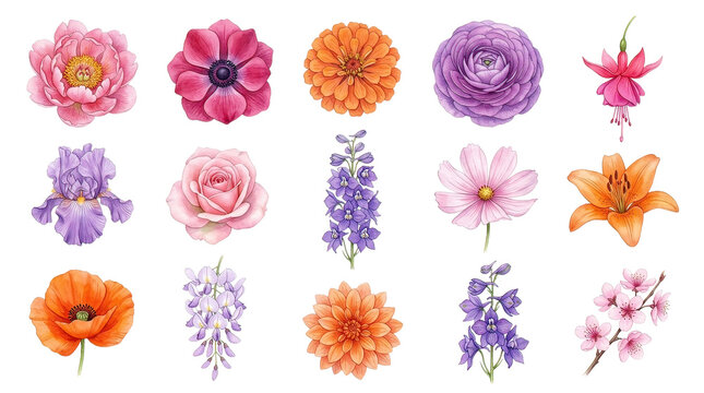 Colorful Floral Collection Row of Pink Purple Orange Flowers