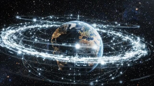 Dynamic global network connecting planet Earth with glowing lines and nodes in cosmic space, representing communication and technology systems in orbit.