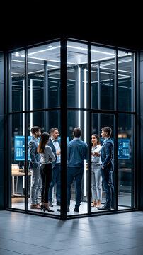 diverse IT team discussing cloud security strategy in a modern glass office, vertical composition, blue technology screens, authentic corporate editorial photography