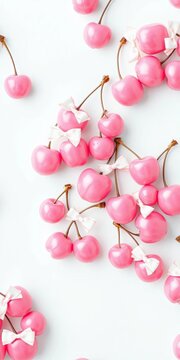 Seamless pattern of pink cherries with white bows on a bright background, decorative element, floral design