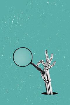 White cyborg robotic hand holds a magnifying glass in his finger - Using AI and chatbots to search for information - isolated on free blue background.