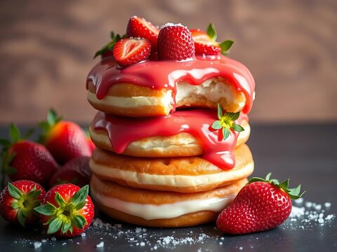 Sweet donut stack smothered in fresh strawberries, morning light, brown