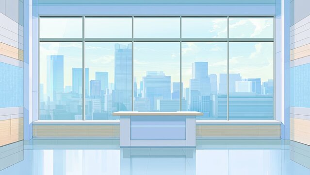 都市景観を望むニュース番組のスタジオセット 明るい放送用背景素材