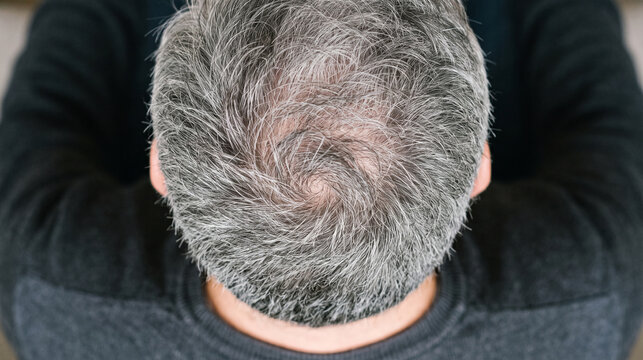 Overhead view of a mans head with graying hair and a visible bald spot on the crown