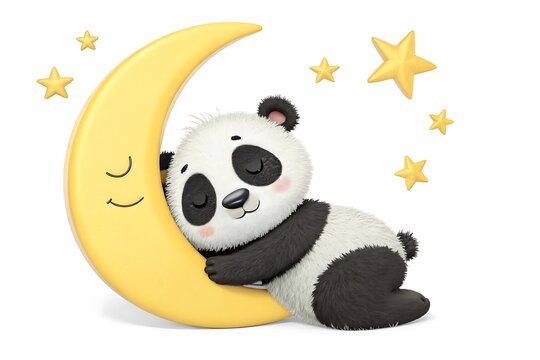 Cute cartoon panda sleeping next to a smiling crescent moon with stars