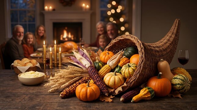 Thanksgiving cornucopia filled with pumpkins and autumn harvest vegetables on a dining table with family in background