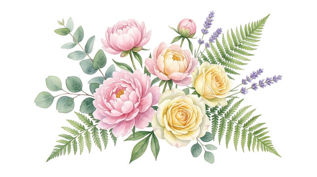 Delicate Floral Bouquet Pink Yellow Peonies Ferns Watercolor