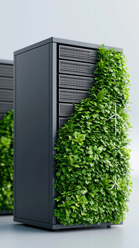 sustainable green data center, tall server racks with subtle indoor plants and renewable energy accents, blue-green cinematic lighting, realistic architecture