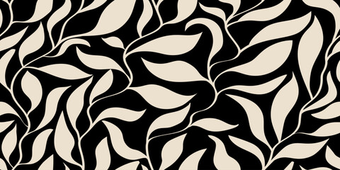 Obraz premium Vintage tropical leaves seamless pattern on black. Botanical floral design with leaves shapes. Modern floral print for textile, fabric, wallpaper, wrapping, gift wrap, paper and packaging