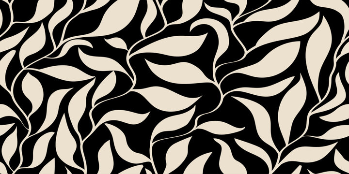 Vintage tropical leaves seamless pattern on black. Botanical floral design with leaves shapes. Modern floral print for textile, fabric, wallpaper, wrapping, gift wrap, paper and packaging