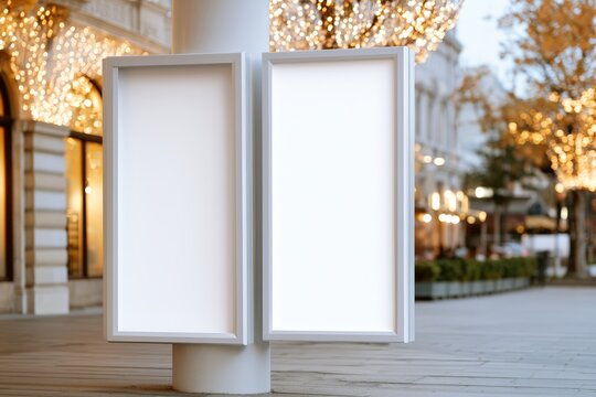 Double sided poster column with blank theatre season posters for outdoor mockup background and banner design amid evening city lights
