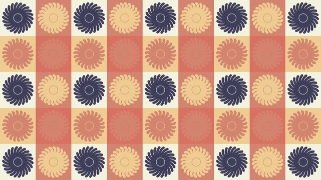 Retro vintage mid century modern style seamless loop animation with colorful spinning floral sunburst ornaments