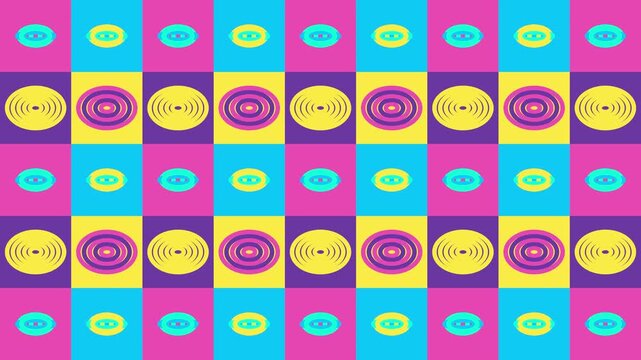 Vibrant Retro Geometric Pattern Motion Background with Colorful Concentric Circles and Squares