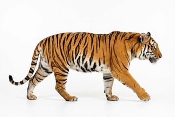 Obraz premium Majestic Bengal Tiger Walking Isolated on White Background - Full Body Side View of Powerful Wild Cat
