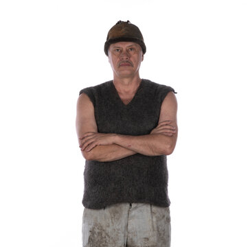 Vintage old man peasant farmer isolated on white background