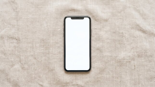 Smartphone mockup with blank white screen lying on textured beige linen fabric, modern mobile phone device template for app design, UI UX presentation, digital display