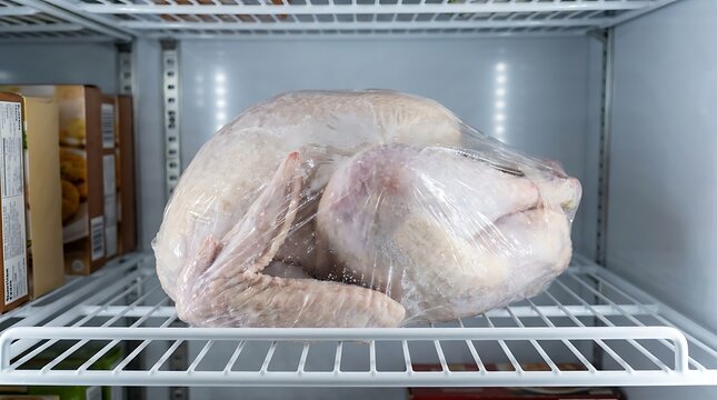 Raw whole chicken sitting on a metal shelf inside a cold refrigerator. raw frozen turkey