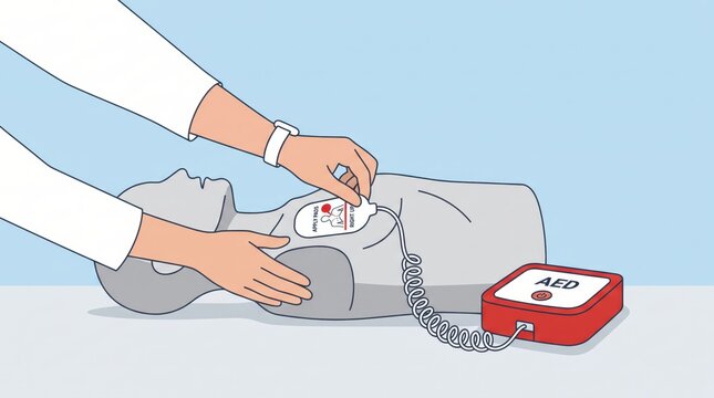 Illustration of hands applying AED electrode pads to CPR training manikin chest, automated external defibrillator device, first aid emergency response, life saving procedure