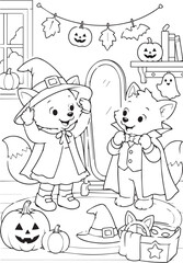 Fototapeta premium Little foxes trying on witch and vampire Halloween costumes in front of a mirror. Black and white vector line art coloring page for kids activity books and KDP printables.