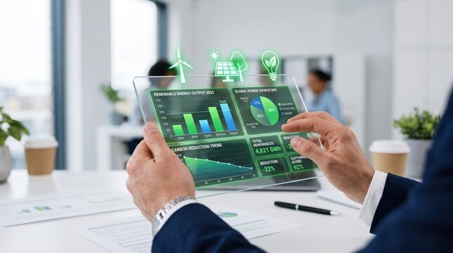 of businessman hands holding transparent futuristic tablet displaying renewable energy data, green technology graphs, solar and wind power icons, sustainability metrics