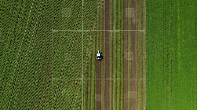 Aerial view of agricultural fields with farming machinery and green crops