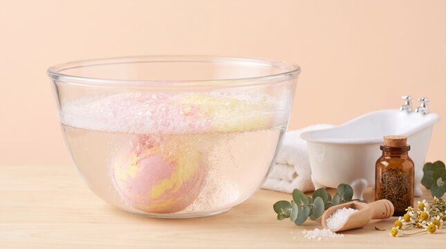 A colorful bath bomb dissolves in a clear glass bowl of water with spa elements like herbs, essential oil, and a miniature bathtub in the background.