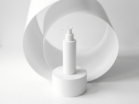 Minimalist white cosmetic pump bottle on a cylindrical podium with abstract paper background isolated on white background
