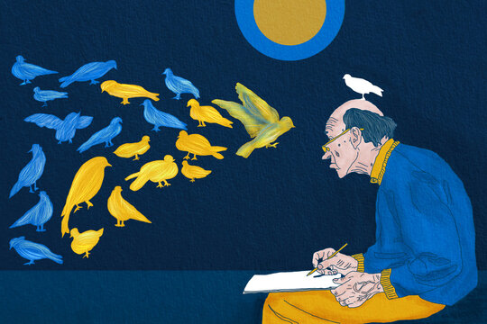 Old man drawing flying doves of peace