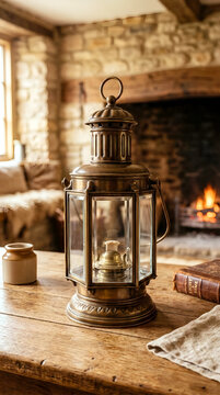 Vintage brass oil lantern on a rustic wooden table in a cozy room with fireplace background