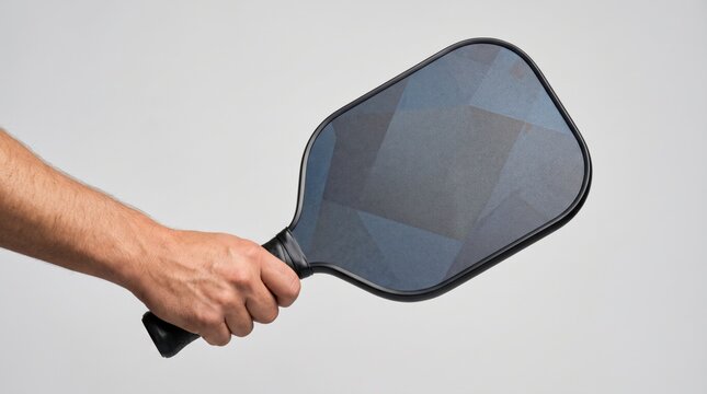 A hand holding a black pickleball paddle against a plain light background.