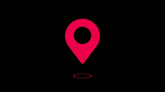 Vibrant red map pin icon with black background, symbolizing digital location, navigation, and destination pointer