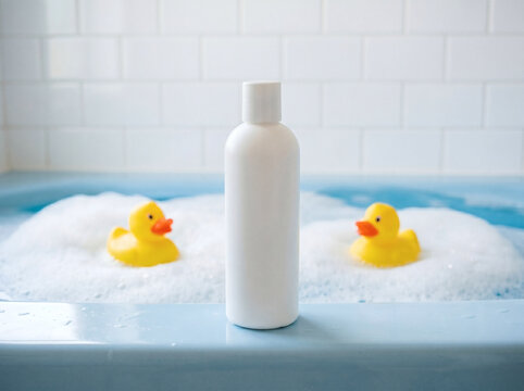 Cleanliness and hygiene bath time fun with rubber ducks and lotion bottle