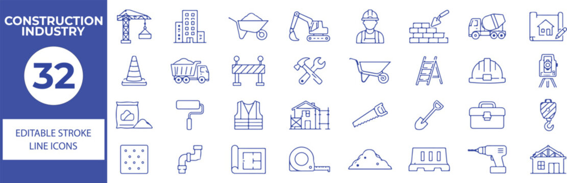 32 Construction Industry Vector Outline Icons Set,Building, Engineering, Machinery, Tools, Safety and Architecture Line Symbols Collection
