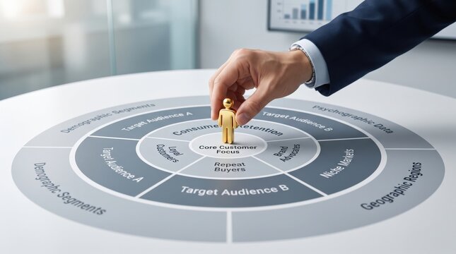 A person in business attire places a golden figurine on a customer segmentation and target audience diagram focused on core customer and repeat buyers.